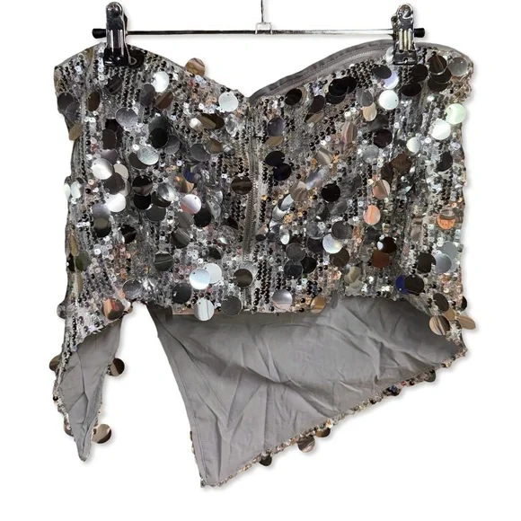 Superdown cordilla strapless top Silver sequin crop bustier Revolve New L - Picture 7 of 9